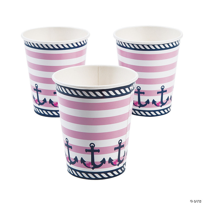 9 oz. Nautical Girl Anchors & Hearts Striped Disposable Paper Cups - 8 Ct. Image