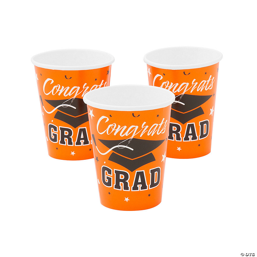 9 oz. Orange Congrats Grad Cap Disposable Paper Cups - 25 Ct. Image