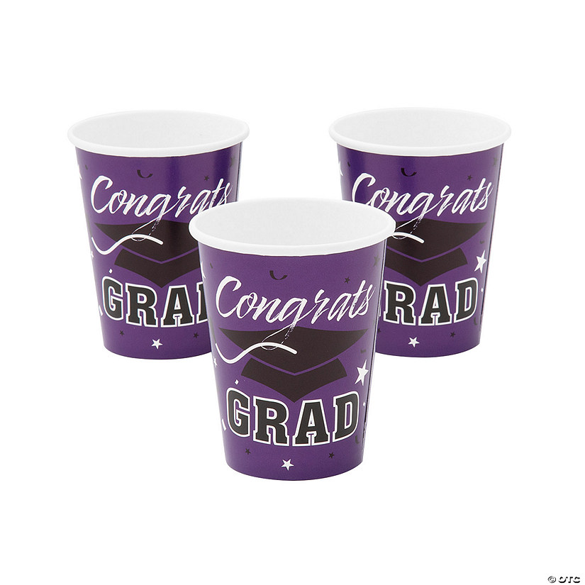 9 oz. Purple Congrats Grad Cap Disposable Paper Cups - 25 Ct. Image