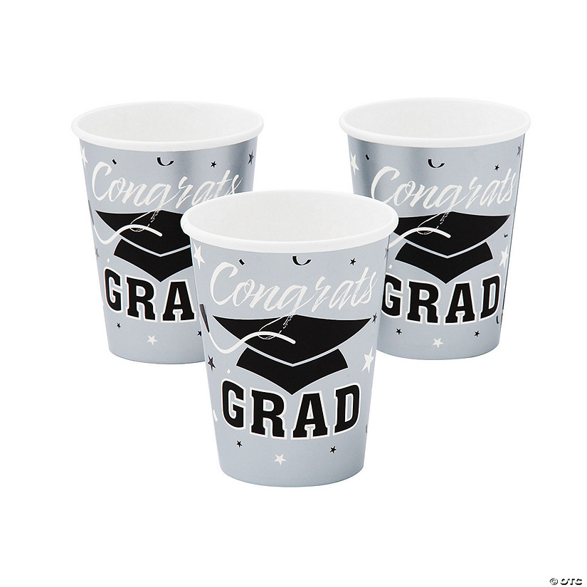 9 oz. Silver Congrats Grad Cap Disposable Paper Cups - 25 Ct. Image