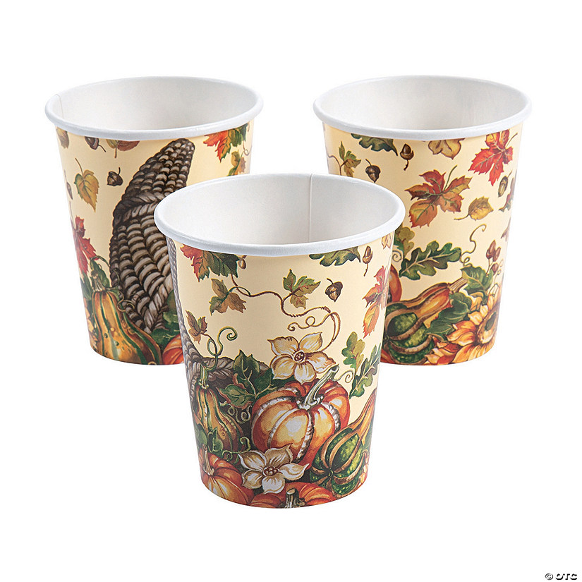 9 oz. Thank-Fall Autumn Leaves & Gourds Disposable Paper Cups - 8 Ct. Image
