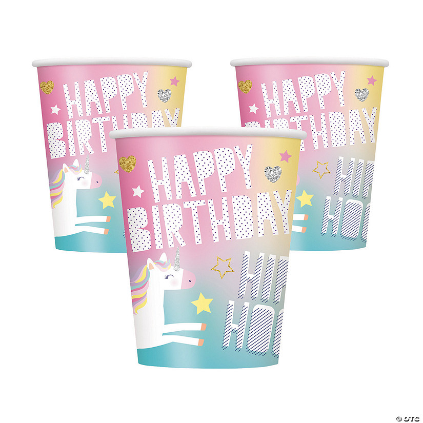 9 oz. Unicorn Birthday Hip Hooray Rainbow Disposable Paper Cups - 8 Ct. Image