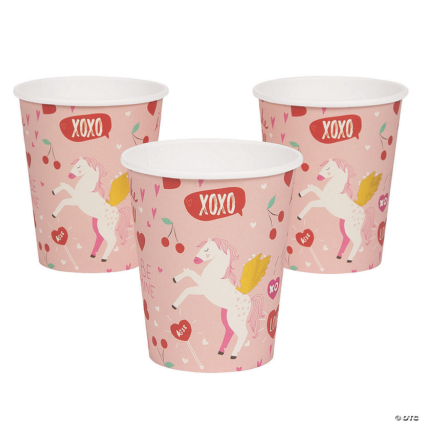 9 oz. Valentine Unicorn Red Disposable Paper Cups - 8 Ct. Image