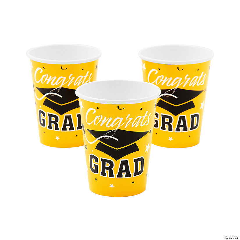 9 oz. Yellow Congrats Grad Cap Disposable Paper Cups - 25 Ct. Image
