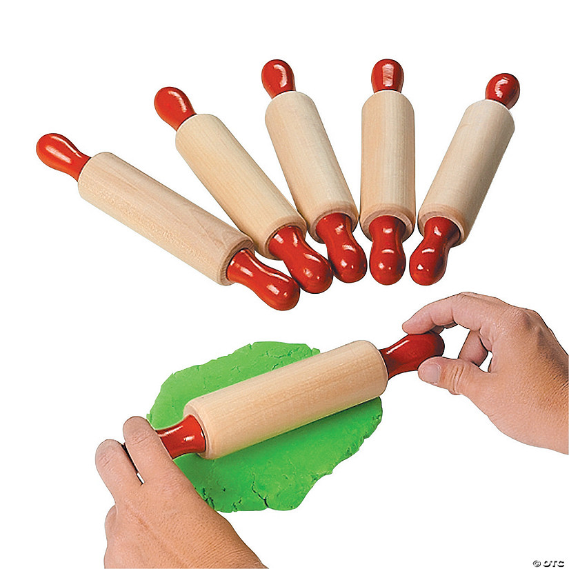 9" Small Classic Wood Dough Rollers with Red Handles - 6 Pc. Image