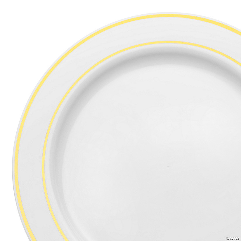 9" White with Gold Edge Rim Plastic Buffet Plates (60 Plates) Image