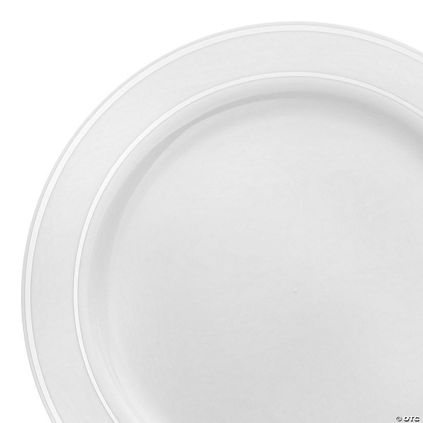 9" White with Silver Edge Rim Plastic Buffet Plates (120 Plates) Image