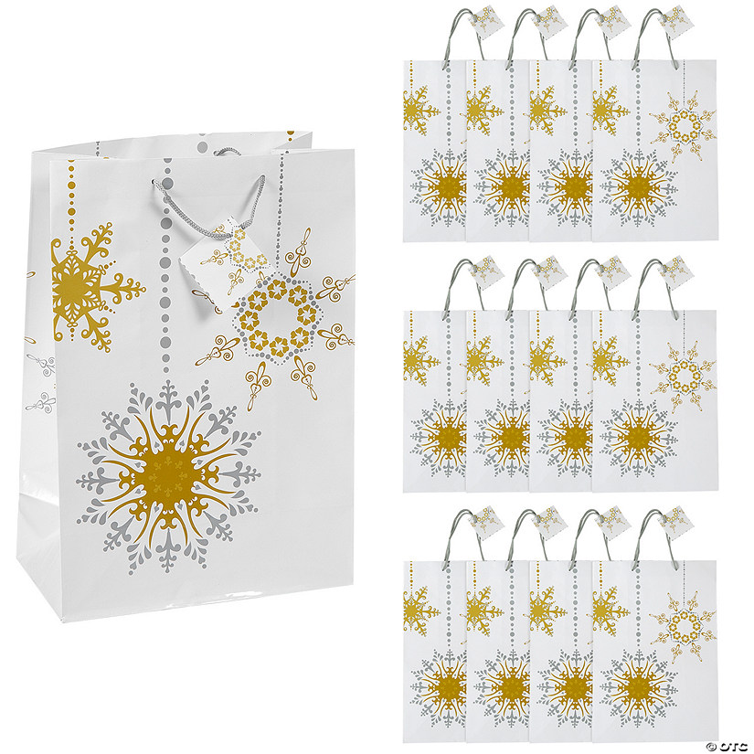 9" x 12-3/4" Large Gold & Silver Gift Paper Bags with Tags - 12 Pc. Image