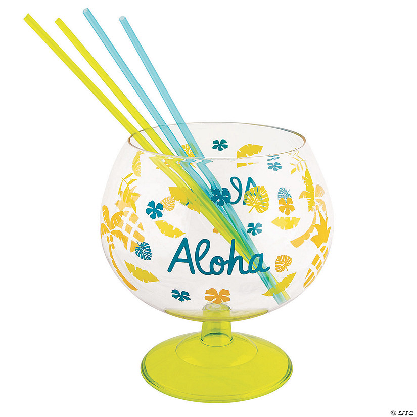96 oz. Luau Reusable Plastic Fishbowl Glass with Straws Image