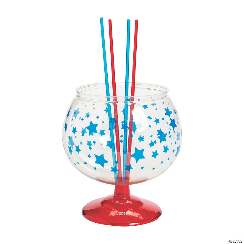 96 oz. Patriotic Reusable BPA-Free Plastic Fishbowl Glass with Straws - 5 Ct. Image