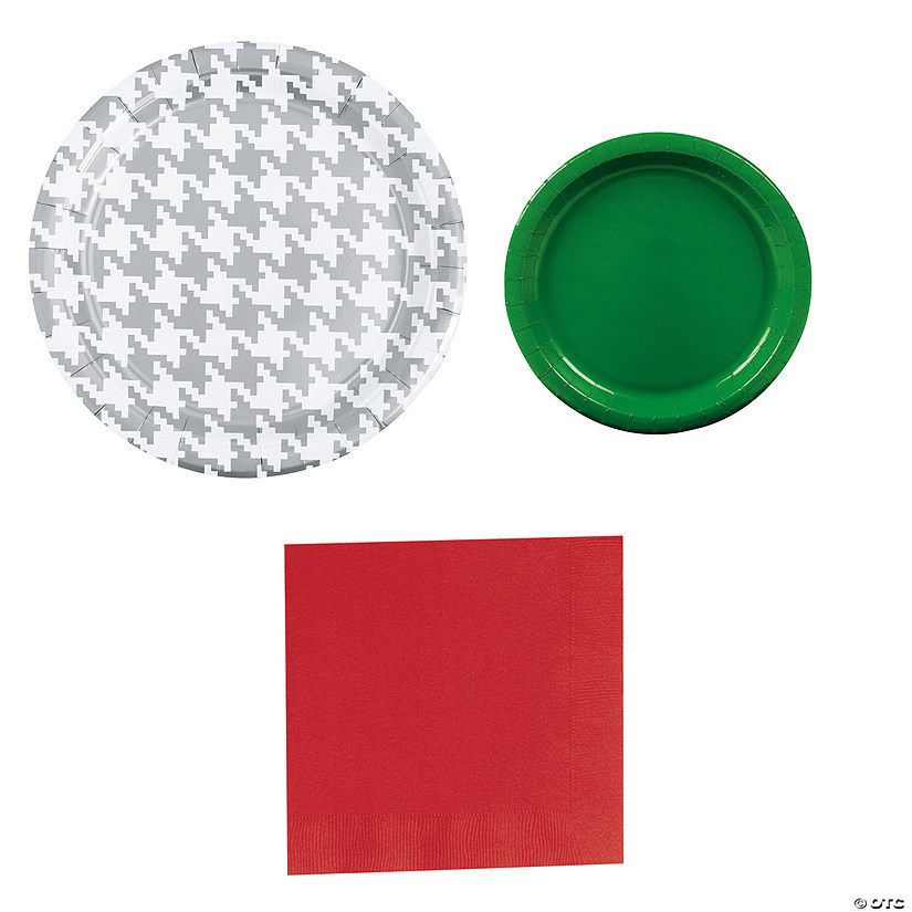 98 Pc. Christmas Silver Houndstooth Disposable Tableware Set for 24 Guests Image