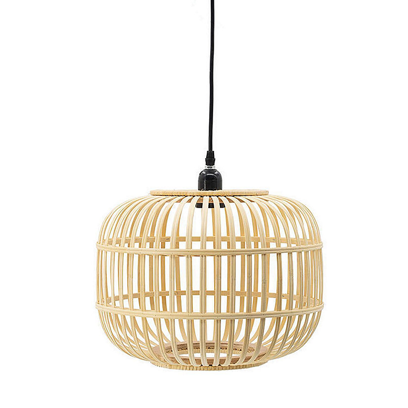 A&B Home Mid-Century Modern Style Drum Shaped Bamboo Wooden Pendant Lamp Image