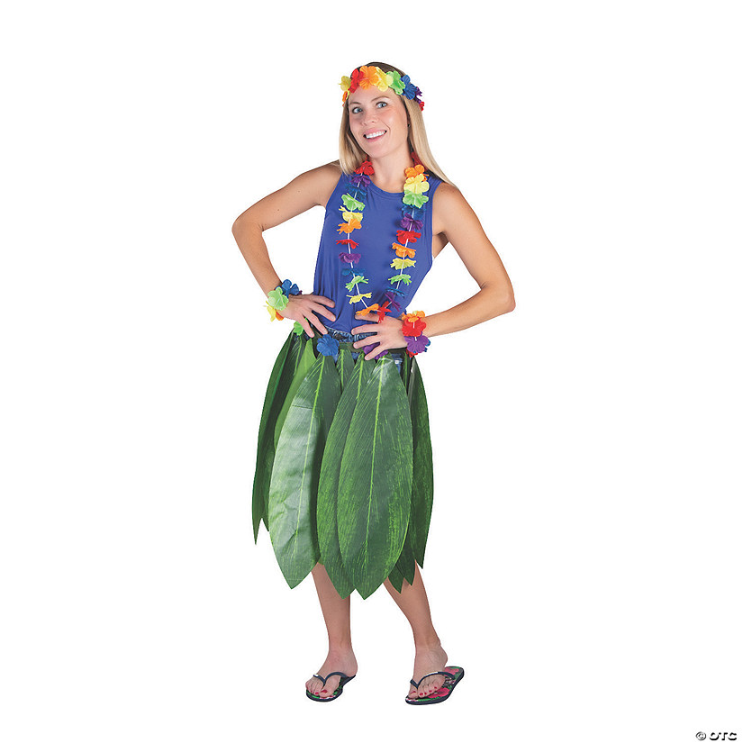 Adult&#8217;s Banana Leaf Hula Polyester Skirt & Leis Set - 5 Pc. Image