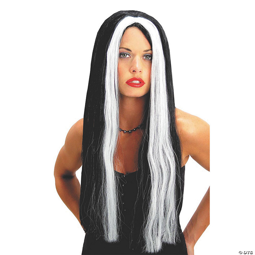 Adults Black With White Streak Long Wig Image