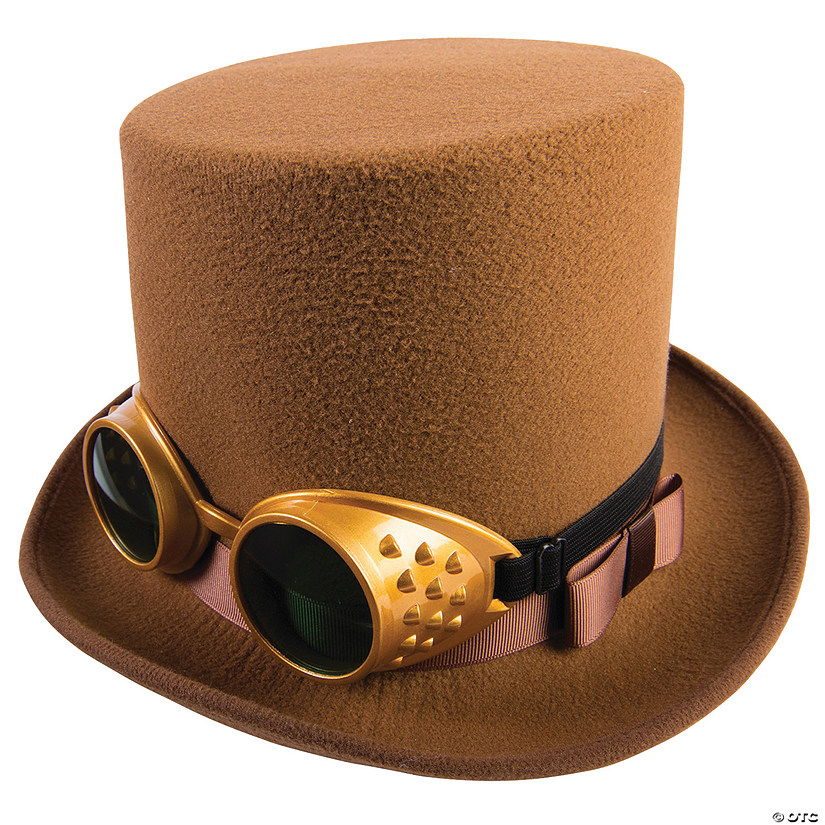 Adults Brown Steampunk Hat with Brown Hatband & Gold Goggles Image