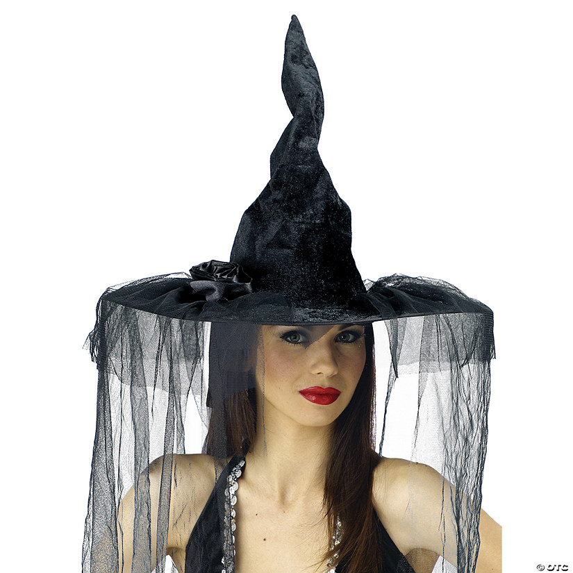 Adults Deluxe Black Velour Witch Hat with Rose & Veil Image