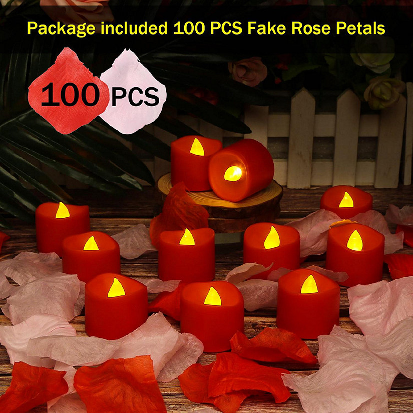 AGPtek 12pcs LED Amber Yellow Flameless Tealight Candles with Timer and 100 Fake Rose Petals Image