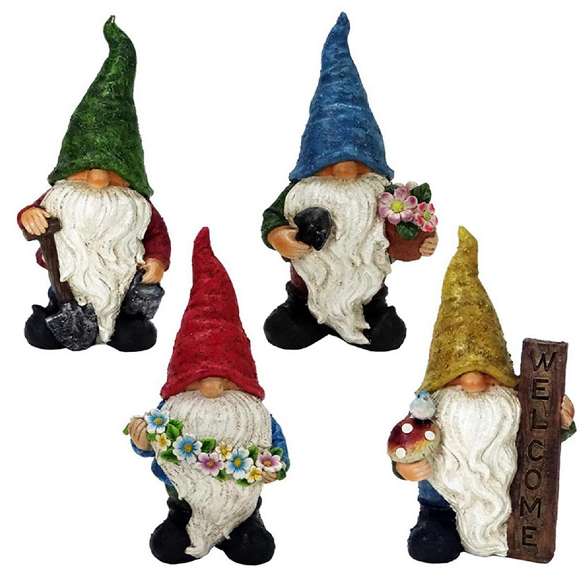 Alpine 8068763 12 in. Polyresin Gnome Garden Statue, Assorted Color - Pack of 4 Image