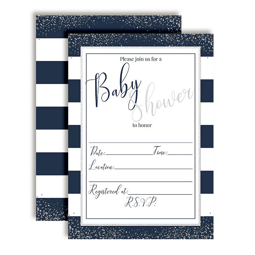 AmandaCreation Navy and Silver Baby Shower Invites 40pc. Image