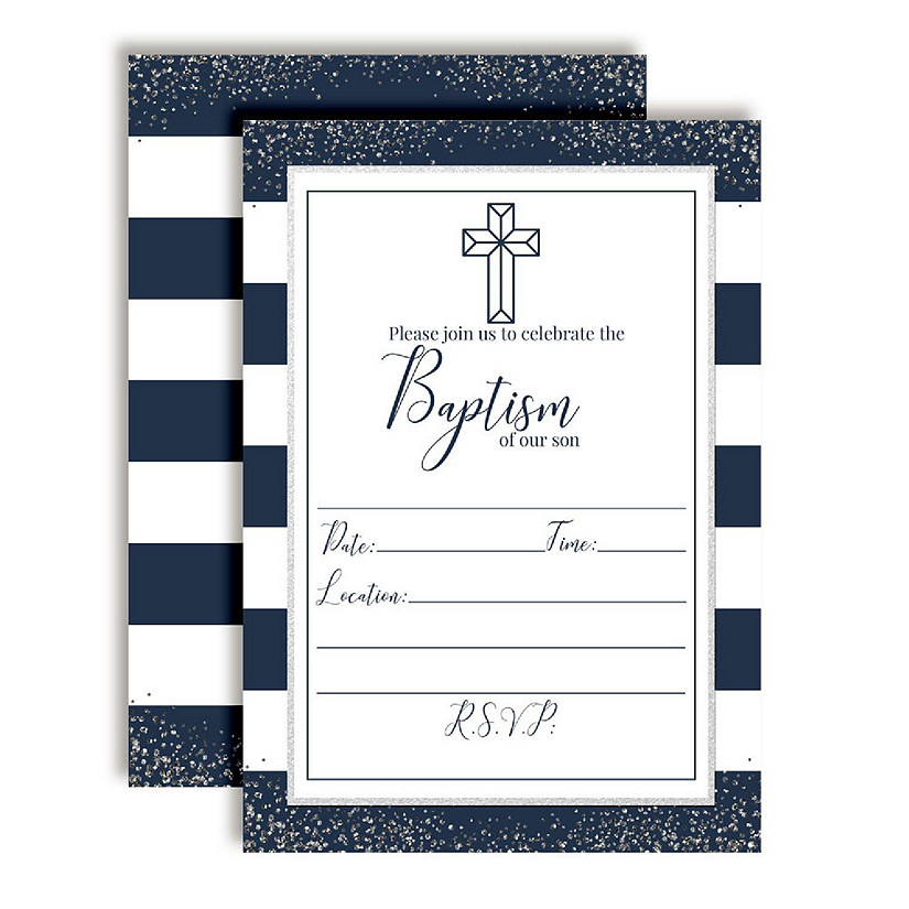 AmandaCreation Navy and Silver Baptism Invites 40pc. Image