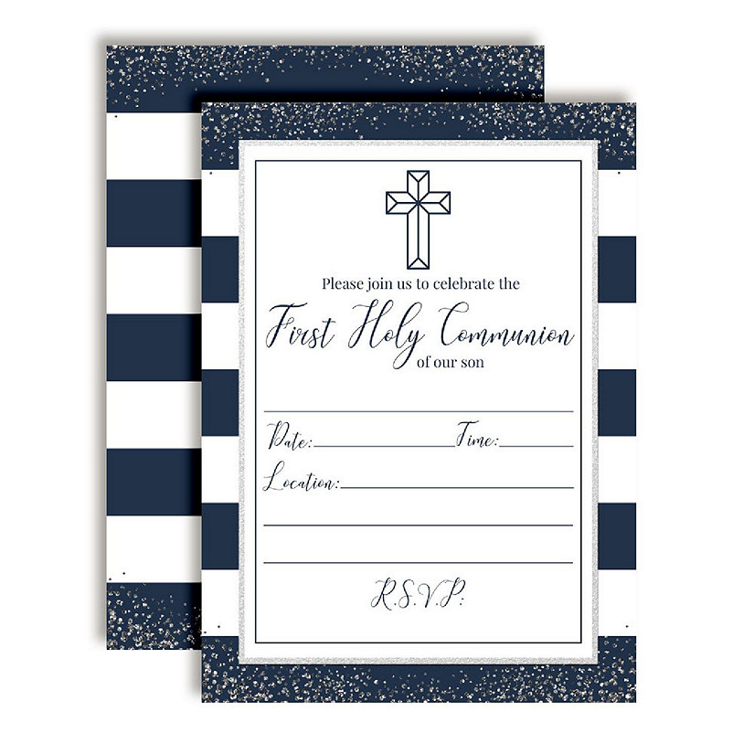 AmandaCreation Navy and Silver Communion Invites 40pc. Image