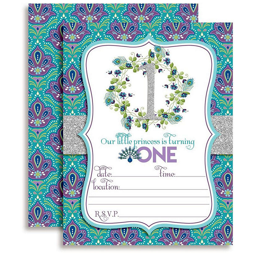 AmandaCreation Peacock 1st Birthday Invites 40pc. Image