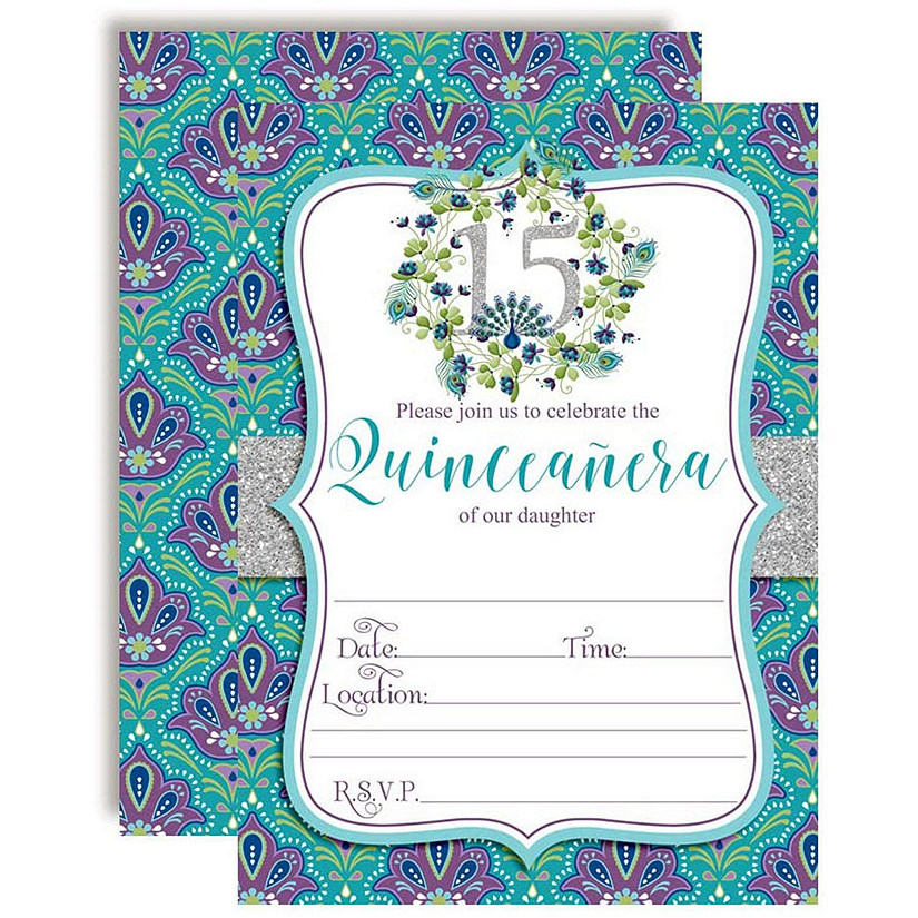 AmandaCreation Peacock Quinceanera Invites 40pc. Image