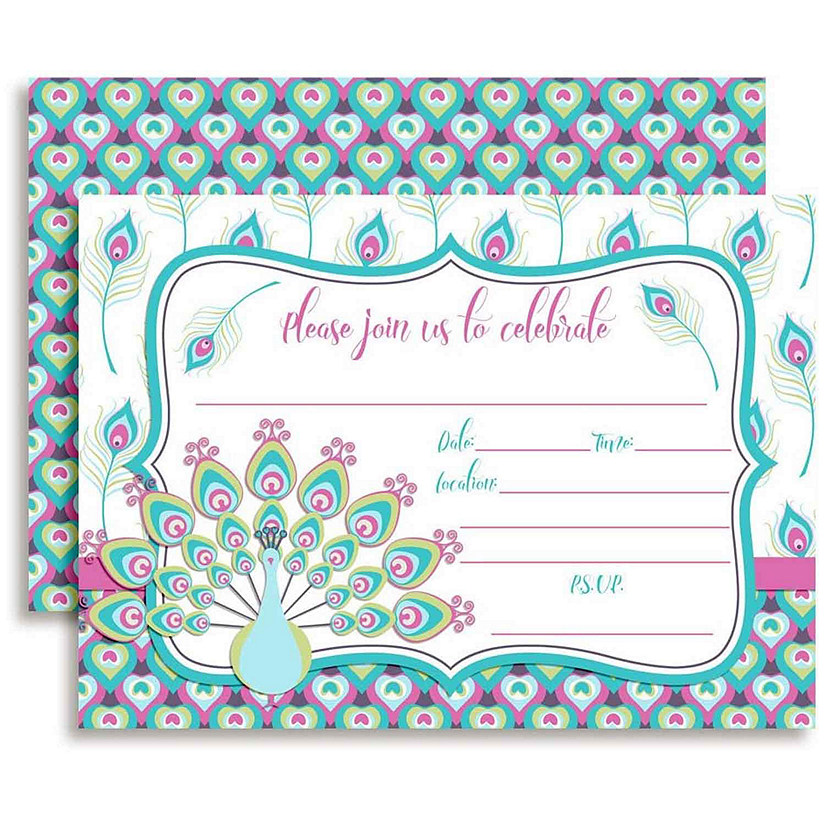 AmandaCreation Pink and Teal Peacock Invites 40pc. Image