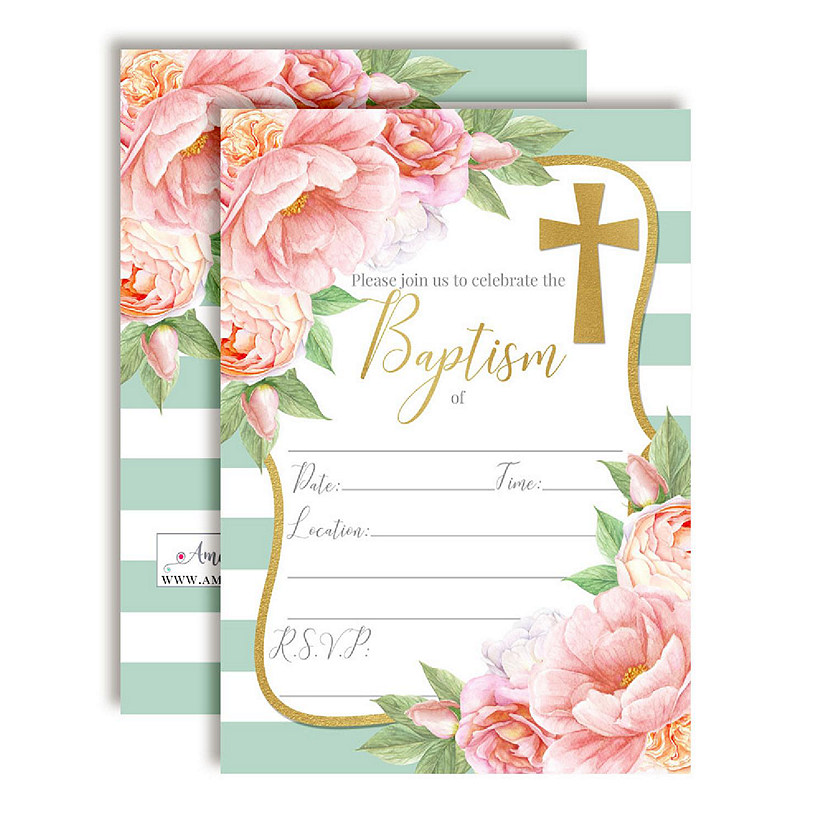 AmandaCreation Pink Peony Baptism Invites 40pc. Image