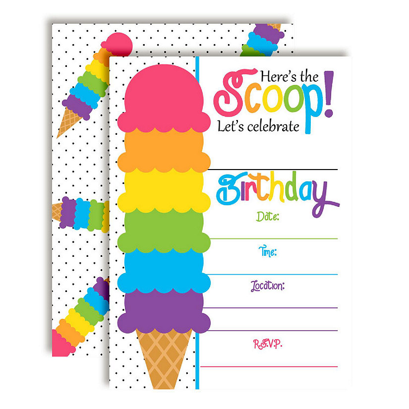 AmandaCreation Rainbow Ice Cream Birthday Invites 40pc. Image