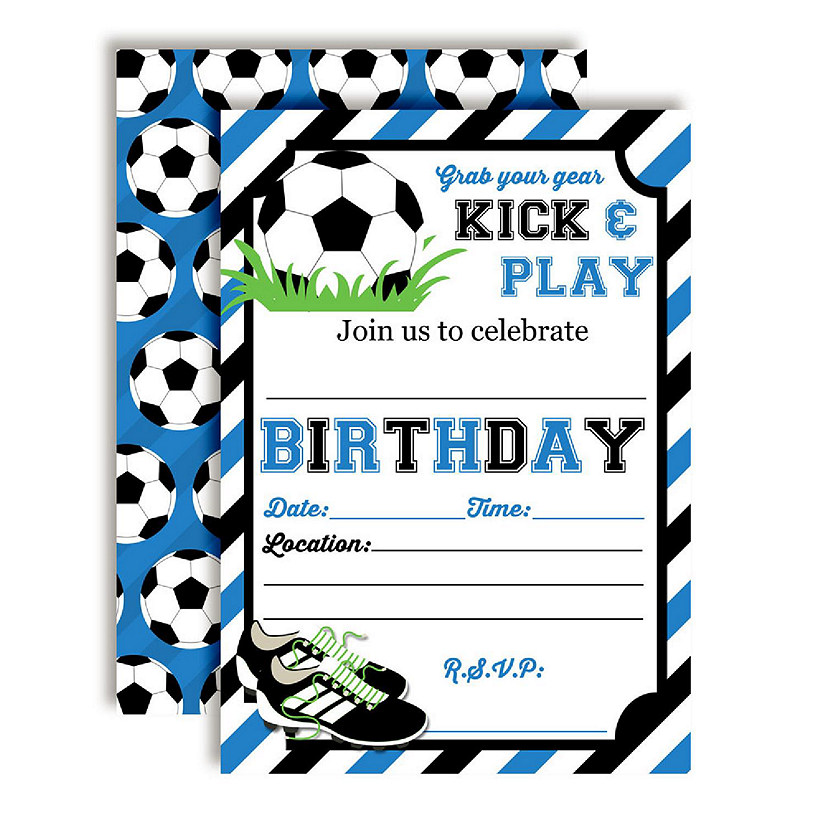 AmandaCreation Soccer Blue and Black Birthday Invites 40pc. Image