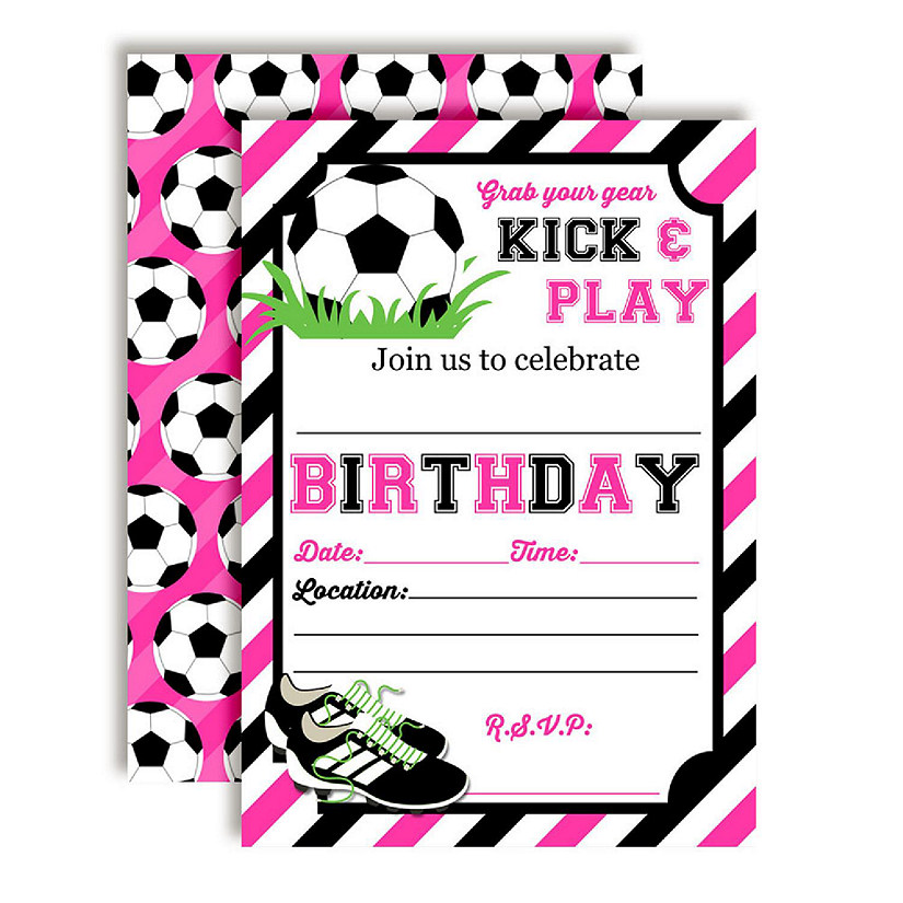 AmandaCreation Soccer Green and Pink Birthday Invites 40pc. Image