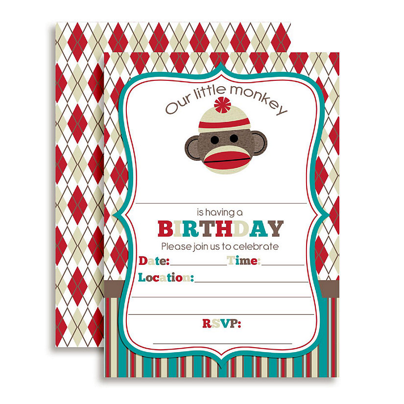 AmandaCreation Sock Monkey Birthday Invites 40pc. Image