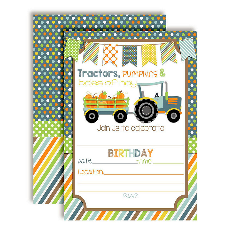 AmandaCreation Tractor with Pumpkins Boy Birthday Invites 40pc. Image