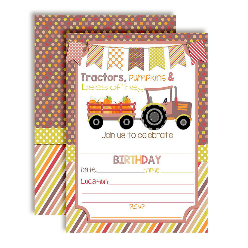 AmandaCreation Tractor with Pumpkins Girl Birthday Invites 40pc. Image