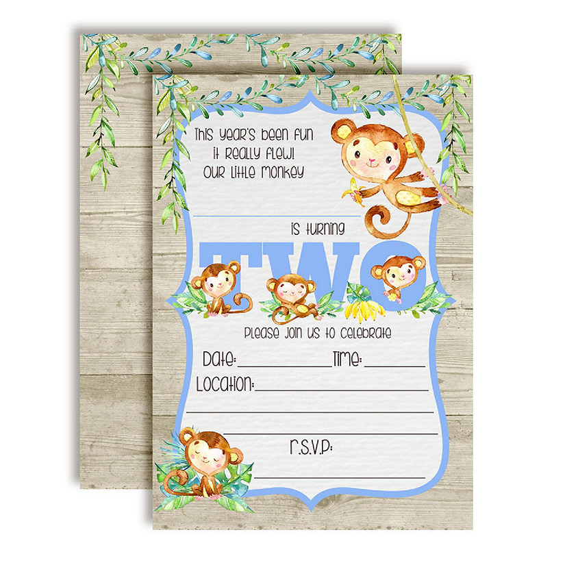 AmandaCreation Watercolor Monkey Boy Second Birthday Invites 40pc. Image