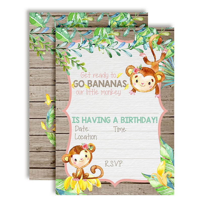 AmandaCreation Watercolor Monkey Girl Birthday Invites 40pc. Image
