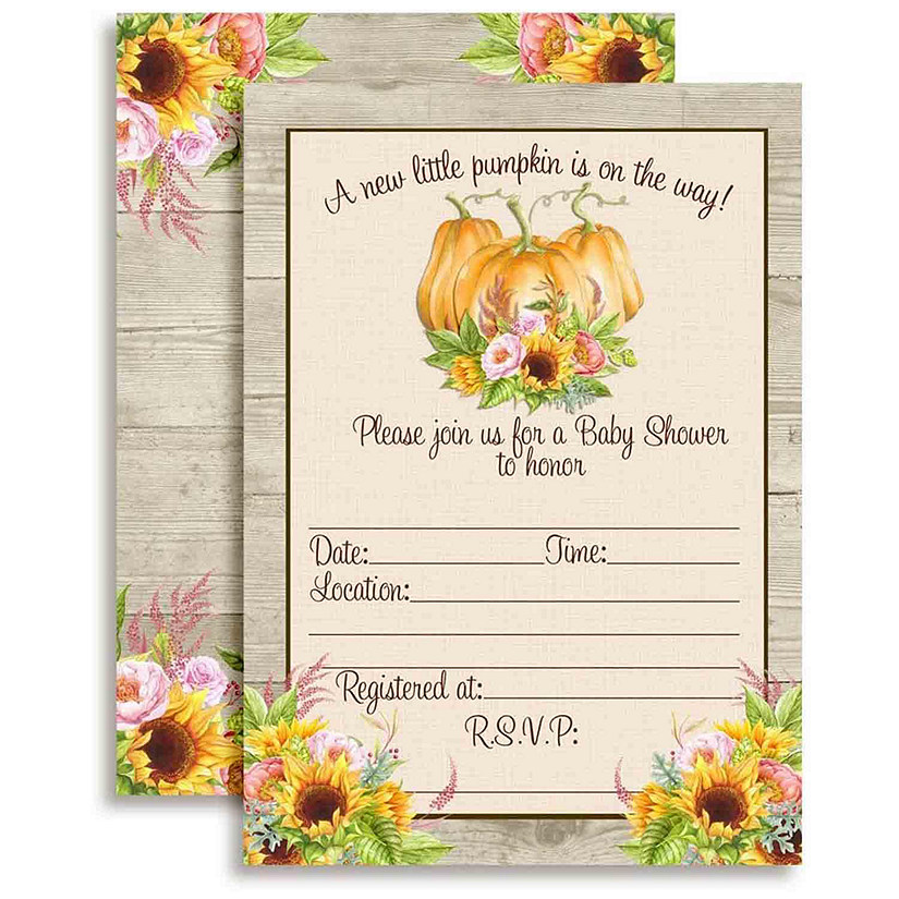 AmandaCreation Watercolor Pumpkin and Sunflower Baby Invites 40pc. Image