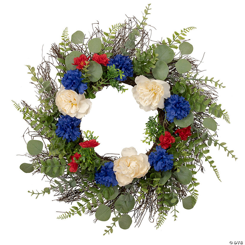 Americana Mixed Foliage and Florals Patriotic Wreath  24-Inch  Unlit Image