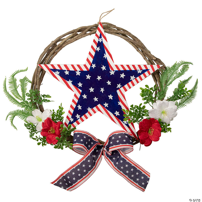 Americana Star and Mixed Floral Patriotic Wreath  24-Inch  Unlit Image
