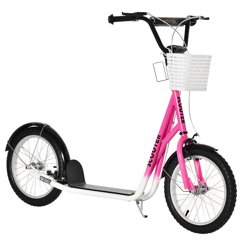 Aosom Kick Scooter w/Double Brakes Basket Cupholder 5-12yr Pink Image