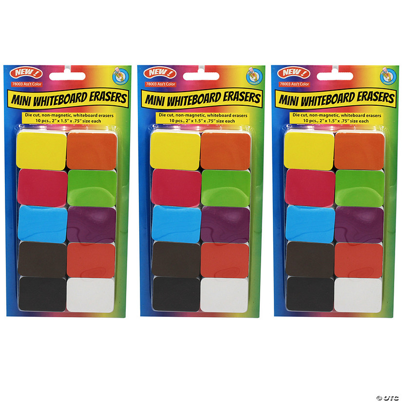 Ashley Productions Non-Magnetic Mini Whiteboard Erasers, Assorted, 10 Per Pack, 3 Packs Image