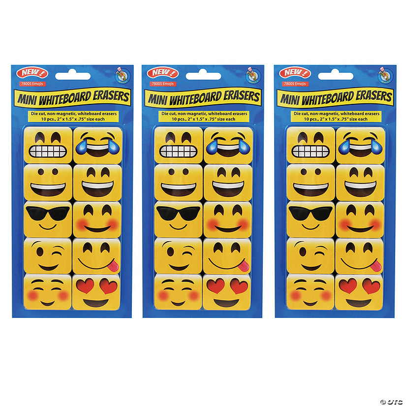 Ashley Productions Non-Magnetic Mini Whiteboard Erasers, Emojis, 10 Per Pack, 3 Packs Image