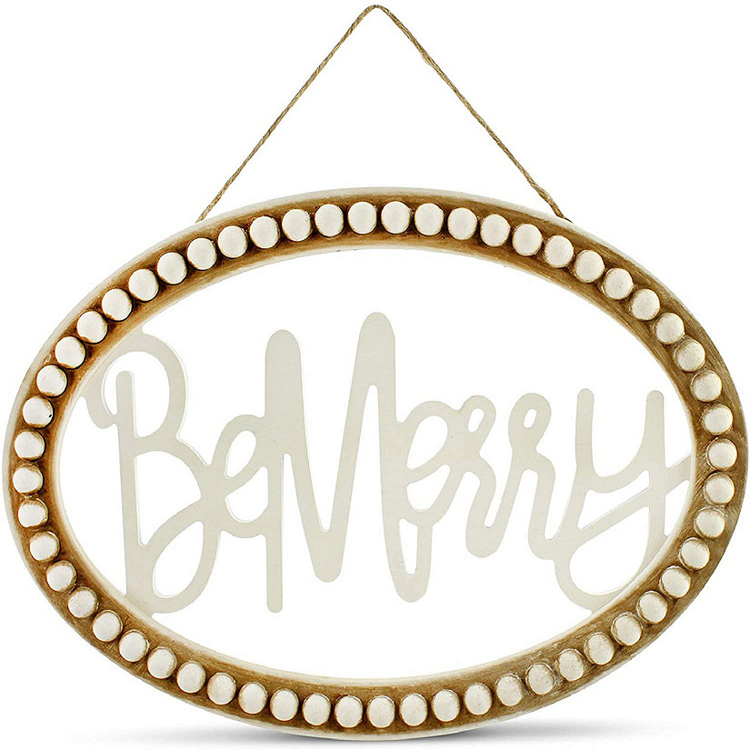 AuldHome Beaded Wooden Christmas Sign, "Be Merry" Oval Wood Holiday Decor Hanging Sign Image