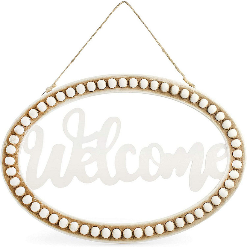 AuldHome Beaded Wooden Welcome Sign, Oval Wood Rustic Farmhouse Wall Decor Plaque, 13 x 9 Inches Image