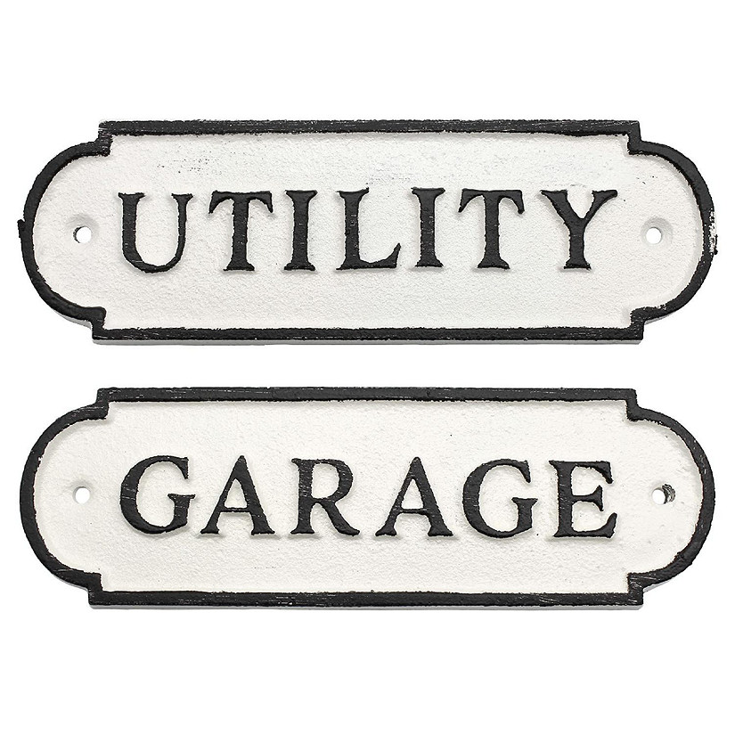 AuldHome Cast Iron Garage / Utility Signs (Set of 2); Black and White Rustic Room Signs Image