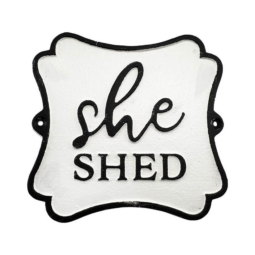 AuldHome Cast Iron She Shed Sign, Black-and-White Decorative Rustic Plaque Image