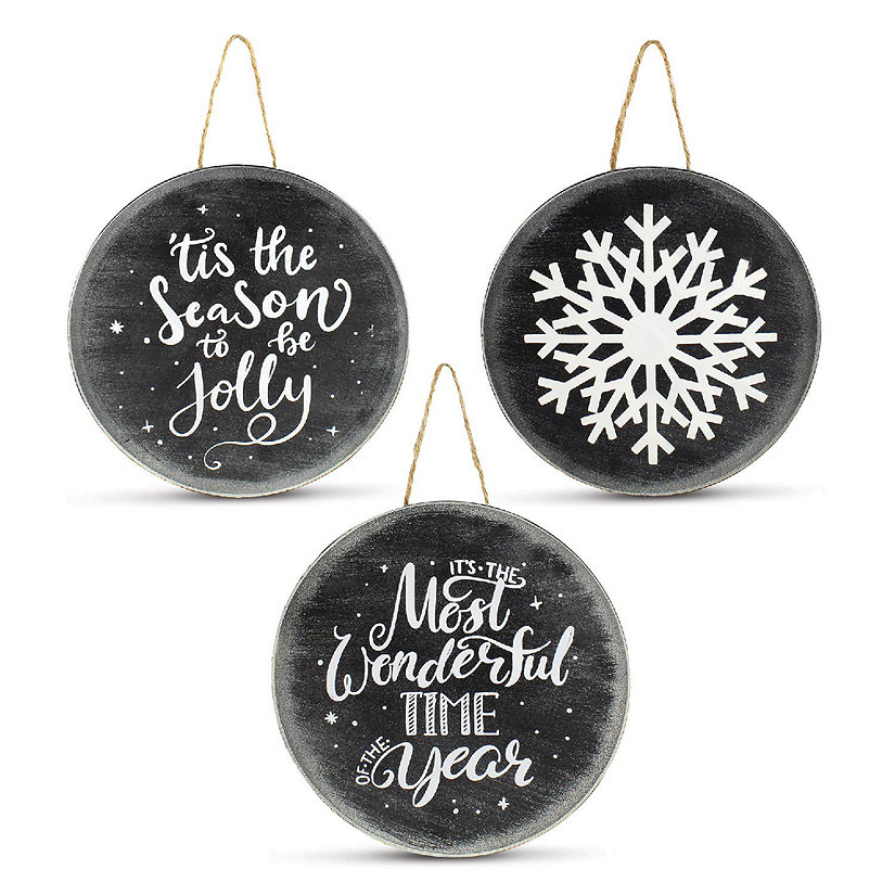 AuldHome Chalkboard Sign Ornaments (3 Pack); Jumbo Blackboard Style Round Metal Christmas Signs, Each 8-Inch Diameter Image
