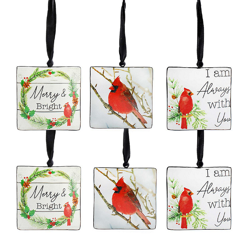 AuldHome Christmas Memorial Cardinal Ornaments (Set of 6); Vintage Tin Style Painted Square Hanging Decorations, 3 Designs Image