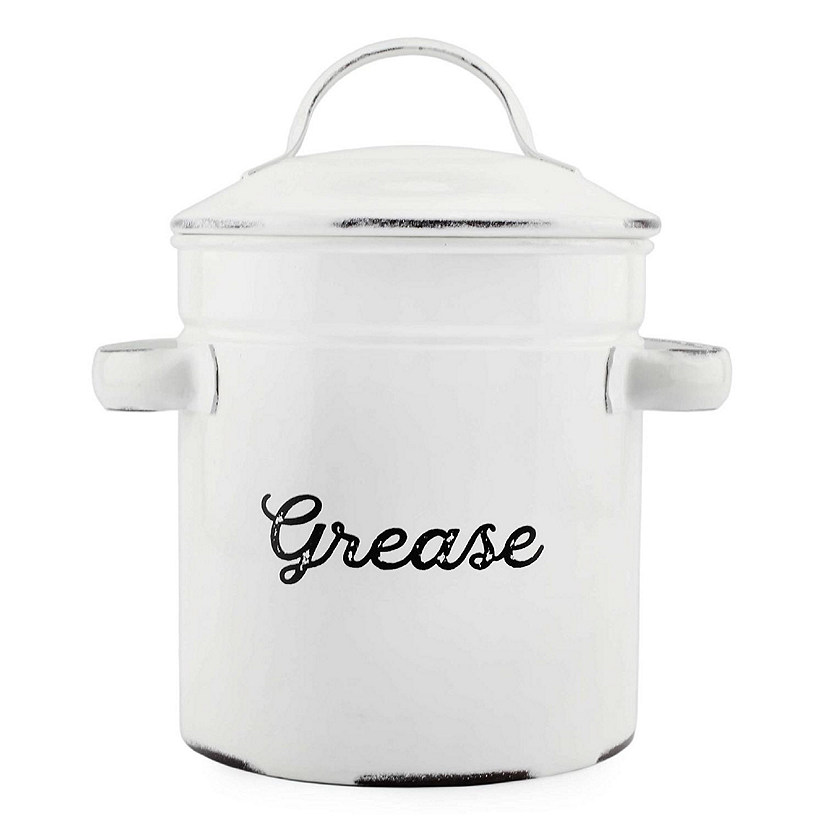 AuldHome Enamelware Grease Container with Strainer, Farmhouse Style Kitchen StorageTin, Labeled Grease White
